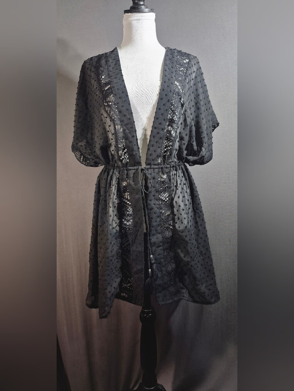 No Boundaries Black Swiss Dot Lace-Trim Swim Cover-Up Tunic